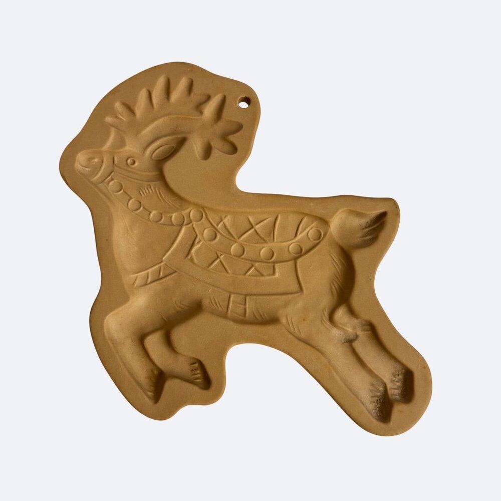 Vintage Stoneware Cookie Mold Reindeer 1990s Folk Art Ceramic 6.5" Folk Art‎